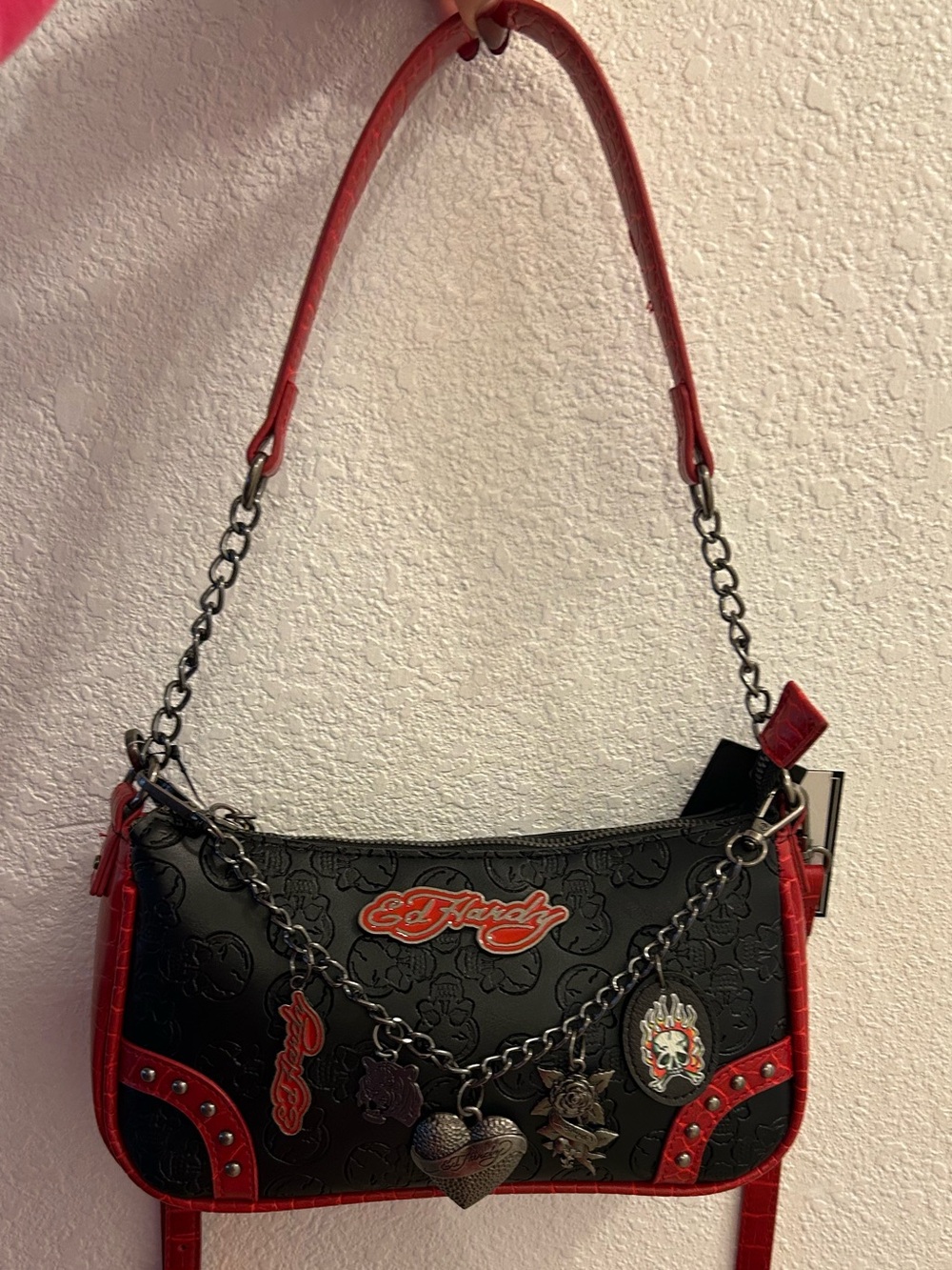 Ed Hardy Black & Red Embossed Y2K Shoulder Bag w/ Charms & Chain Detail NWT